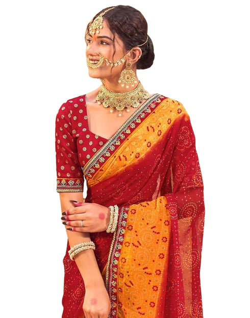 Vasthrlay Georgette Embroidery Yellow | Red Saree With Unstitched Blouse Piece