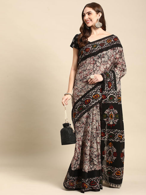 Vasthrlay Cotton Printed Mulmul Black Saree