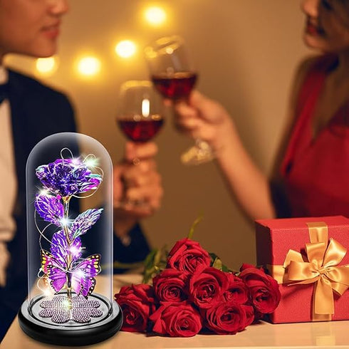 Crystal Flower Light Up Rose in Glass Dome with Butterfly