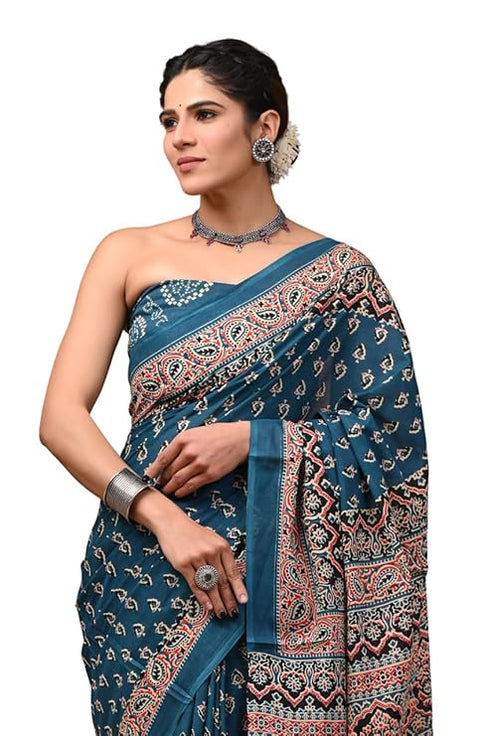 Crafts Moda Hand Block Ajrakh Print Cotton Saree For Women With Blouse