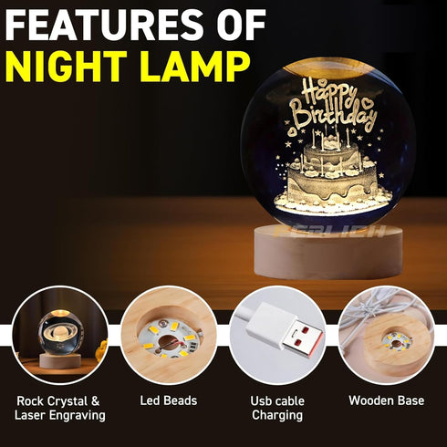 3D Crystal Happy Birthday Lamp, Engraved Crystal Ball LED Night Light with Wooden Base