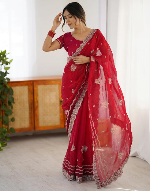 Vasthrlay Sequins Embroidery Red Saree