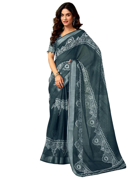 Vasthrlay Womens Cotton Printed Grey And White Saree With Unstitched Blouse Piece