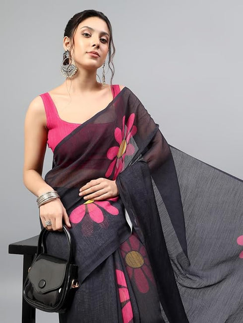 Vasthrlay Black Womens Ready To Wear One Minute Linen Fabric Saree