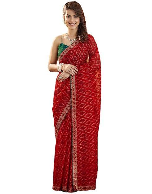 Vasthrlay Georgette Bandhani Unstitched Red Saree