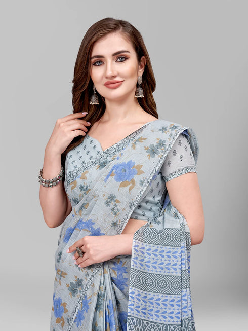 Vasthrlay Cotton Printed Mulmul Cream Saree