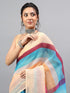 Vasthrlay Beige Linen Floral | Striped | Check Design Printed Saree With Solid Unstitched Linen Blouse Piece