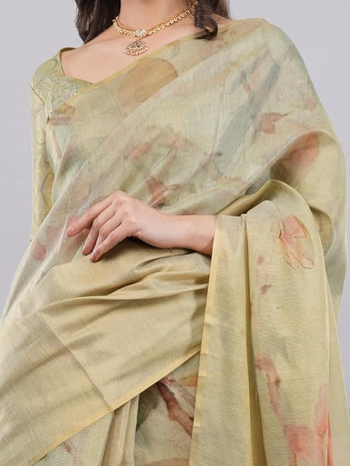 Vasthrlay Green1 Floral And Solid Design Polyester Saree With Unstitched Blouse Piece