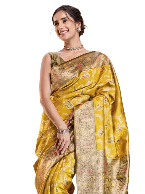 Vasthrlay Jacquard Banarasi Unstitched Mustard Saree