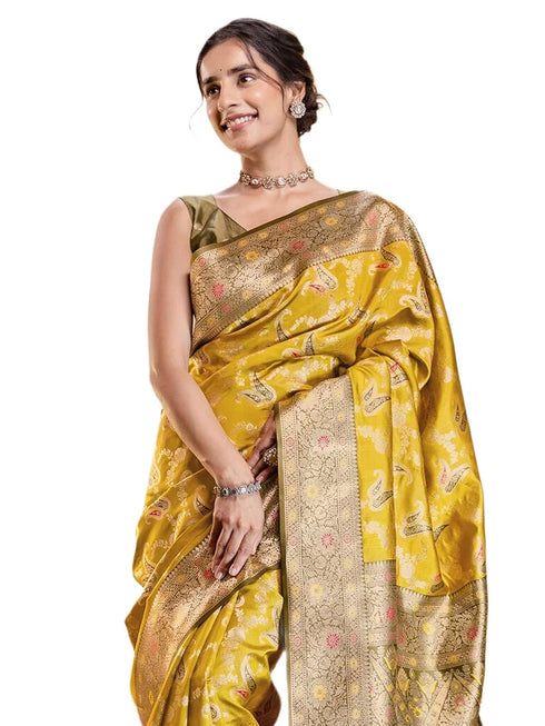 Vasthrlay Jacquard Banarasi Mustard | Golden Border Saree With Unstitched Blouse Piece