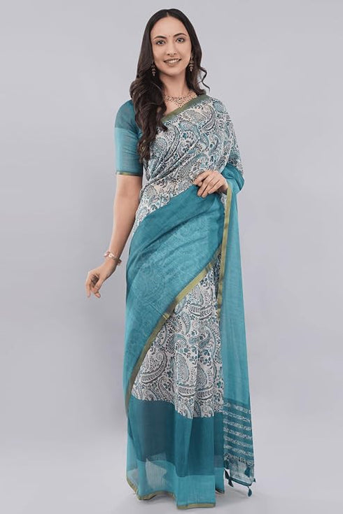 Vasthrlay Womens Off White2 Paisley Printed Linen Saree With Unstitched Blouse Piece