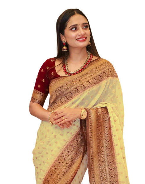 Vasthrlay Banarasi Jacquard Unstitched Beige Saree