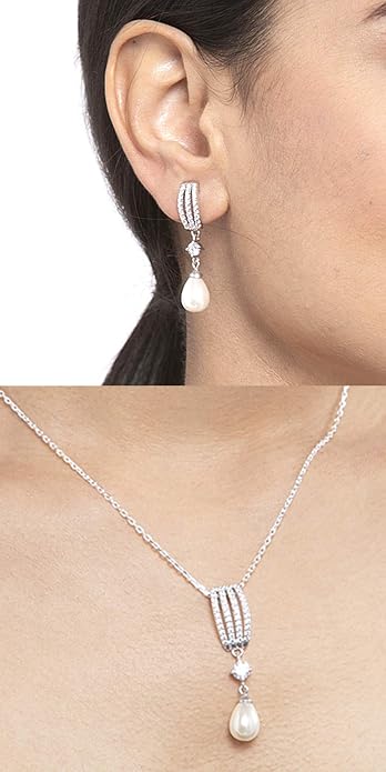 Clara 925 Sterling Silver Pearl Queen Pendant Earring Chain Jewellery Set