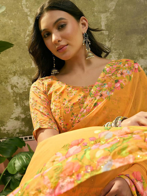 Vasthrlay Georgette Printed Teal Saree
