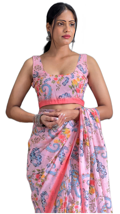 Vasthrlay Pink Georgette Printed Unstitched Saree