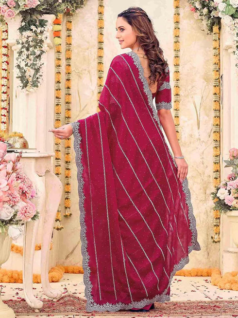 Vasthrlay Georgette Embroidery Wine Saree