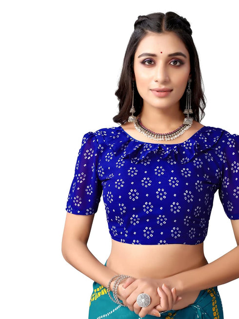 Vasthrlay Georgette Bandhani Teal Blue | Blue Saree With Unstitched Blouse Piece