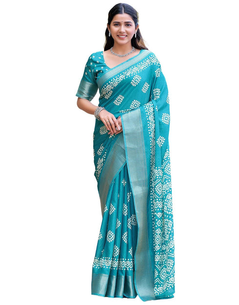 Vasthrlay Printed Weaving Turquoise And White Saree With Unstitched Blouse Piece