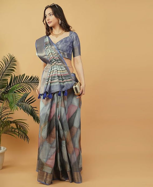 Vasthrlay Slate Blue Abstract Print Polyester Saree With Zari Border And Unstitched Blouse Piece
