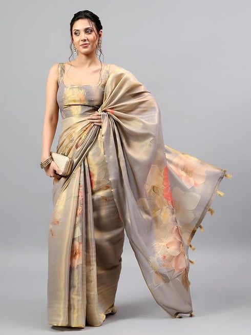 Vasthrlay Grey Floral And Solid Design Polyester Saree With Unstitched Blouse Piece