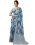 Vasthrlay Womens Cotton Printed Blue And White Saree With Unstitched Blouse Piece