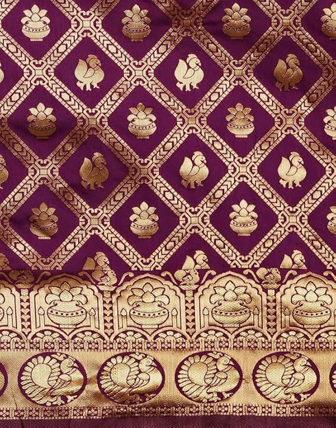 Vasthrlay Womens Jacquard Dark Magenta | Gold Saree With Unstitched Blouse Piece
