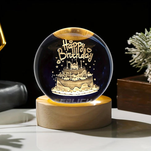3D Crystal Happy Birthday Lamp, Engraved Crystal Ball LED Night Light with Wooden Base