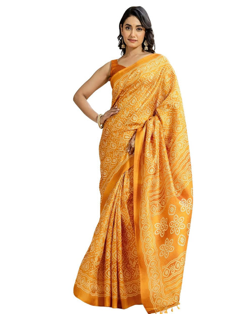 Vasthrlay Bandhani Printed Yellow Saree With Unstitched Blouse Piece