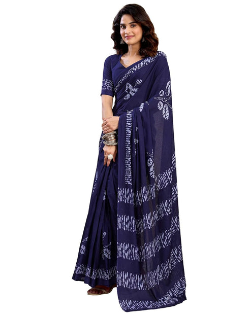 Vasthrlay Womens Printed Navy Blue Saree With Unstitched Blouse Piece