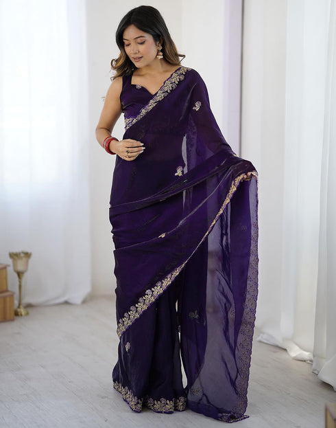 Vasthrlay Scalloped Embroidery Unstitched Rani Pink Saree