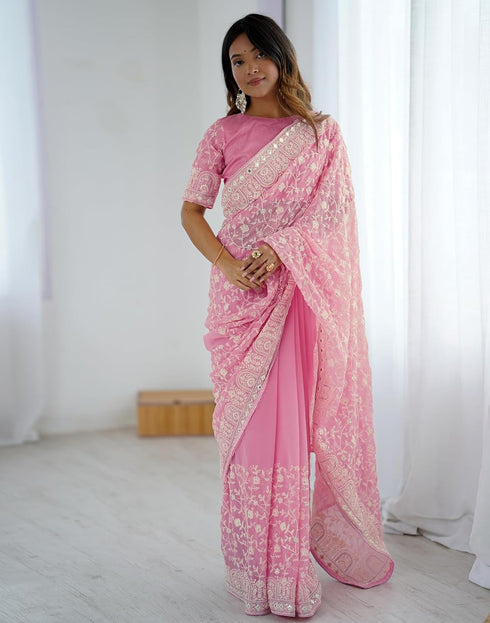 Vasthrlay Georgette Embroidery Unstitched Maroon Saree