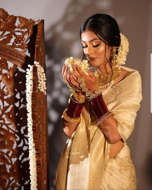Vasthrlay Cream Kanjivaram Wedding Saree