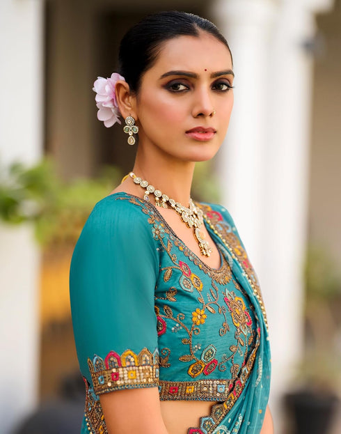 Vasthrlay Georgette Scalloped Unstitched Dark Green Saree