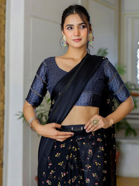 Vasthrlay Georgette Printed Unstitched Dark Green Saree