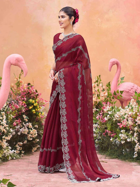 Vasthrlay Shimmer Chiffon Unstitched Maroon Saree