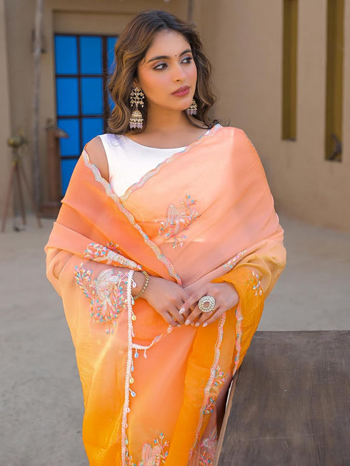 Vasthrlay Shimmer Embroidery Mustard Mustard Yellow Saree