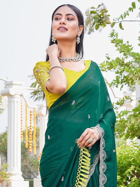 Vasthrlay Scalloped Embroidery Dark Saree