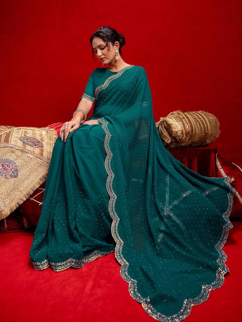 Vasthrlay Georgette Scalloped Navy Navy Blue Saree
