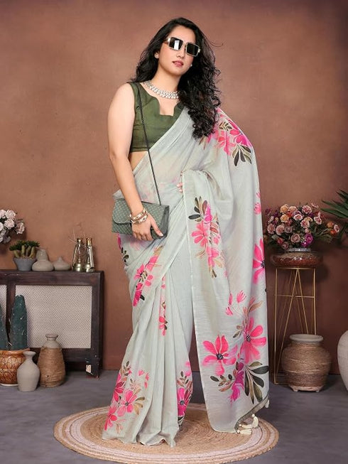 Vasthrlay Off White Digital Print Linen Ready To Wear Saree