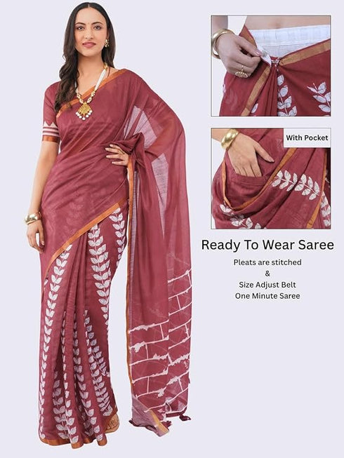 Vasthrlay Maroon Women'S Chevron Printed Linen Saree