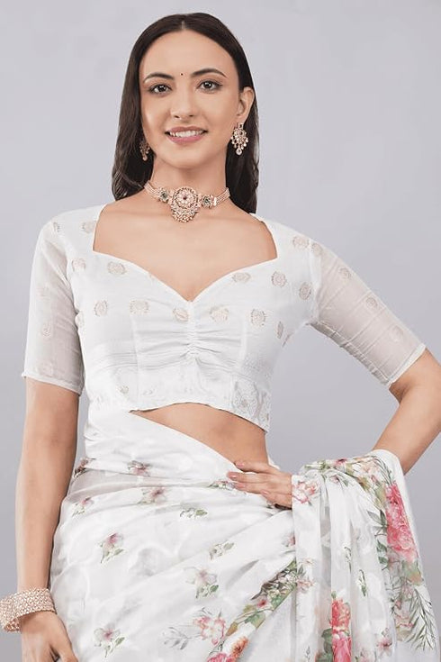 Vasthrlay White1 Floral Print Chanderi Silk Blend Saree With Unstitched Blouse Piece