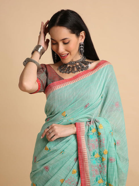 Vasthrlay Handloom Embroidered Apricot Saree
