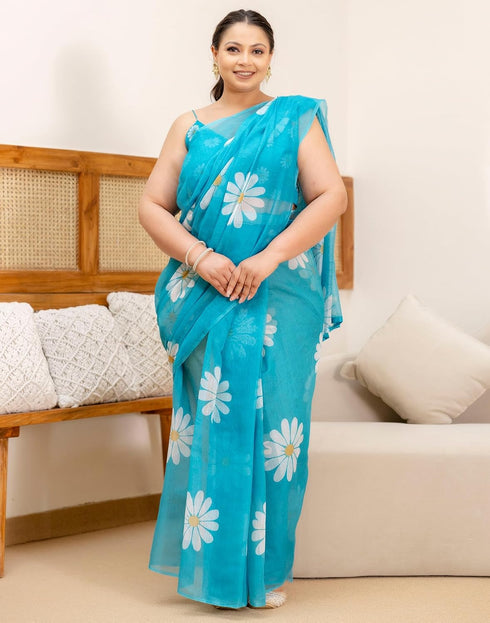 Vasthrlay Chanderi Printed Unstitched Blue Saree
