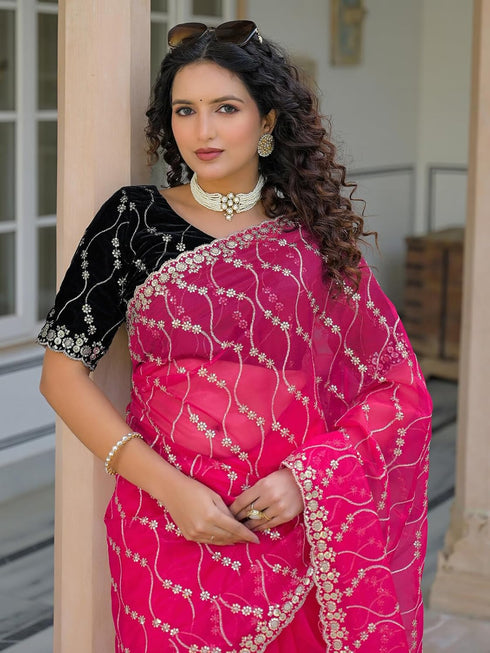 Vasthrlay Sequins Embroidery Turquoise Saree