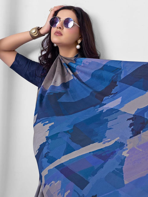 Vasthrlay Abstract Printed Grey Saree With Unstitched Blouse Piece