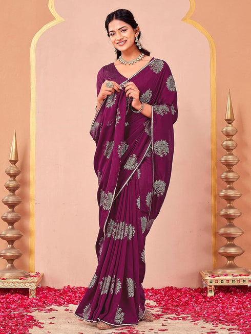Vasthrlay Vichitra Printed Unstitched Rani Pink Saree