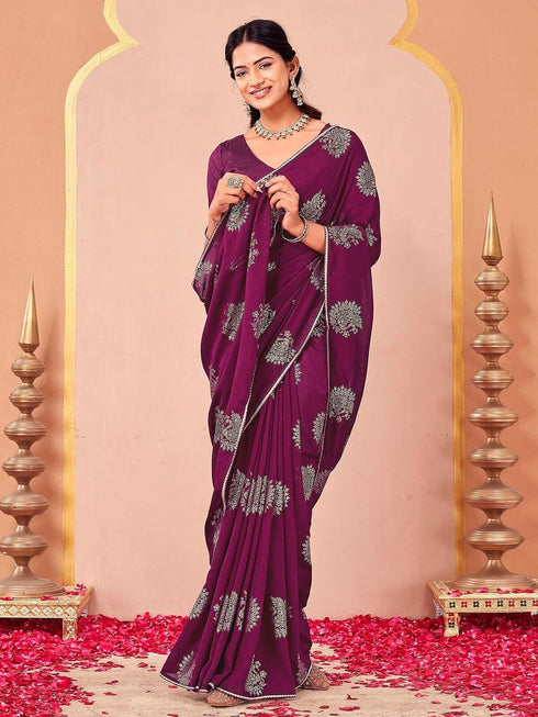 Vasthrlay Vichitra Printed Magenta Saree With Unstitched Blouse Piece
