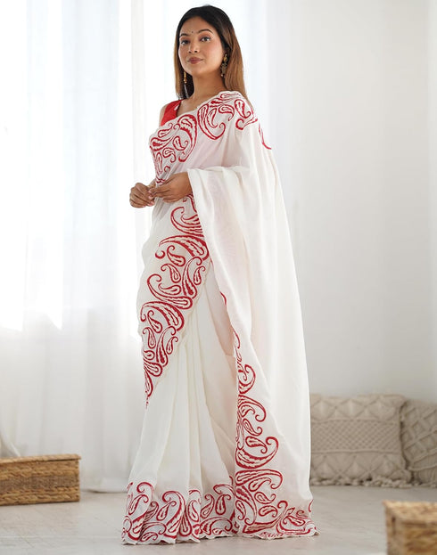 Vasthrlay Embroidery Scalloped Unstitched Off White Saree