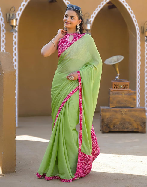 Vasthrlay Chiffon Bandhani Unstitched Light Green Saree