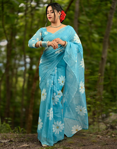 Vasthrlay Chanderi Printed Unstitched Blue Saree